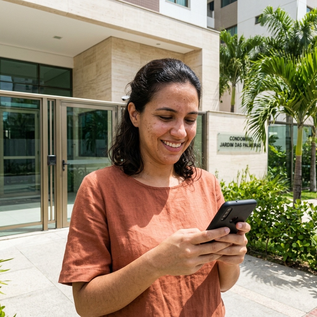 Moradora usando o app da ACTOS na entrada do condomínio